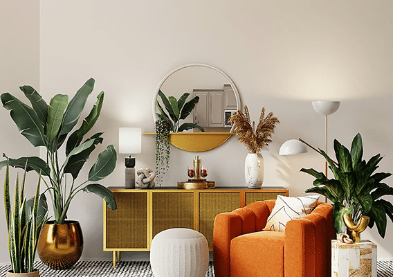 Orange upholstered chair beside a sideboard