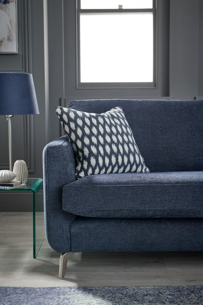 Seaton sofa arm and cushion detail in blue upholstery