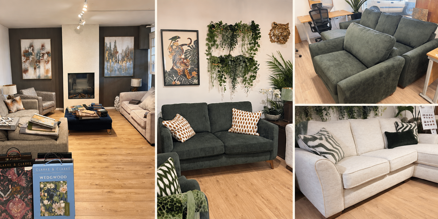 Collage of the Sofarooms showroom with fabric samples, green sofas and armchairs, and a cream corner sofa.