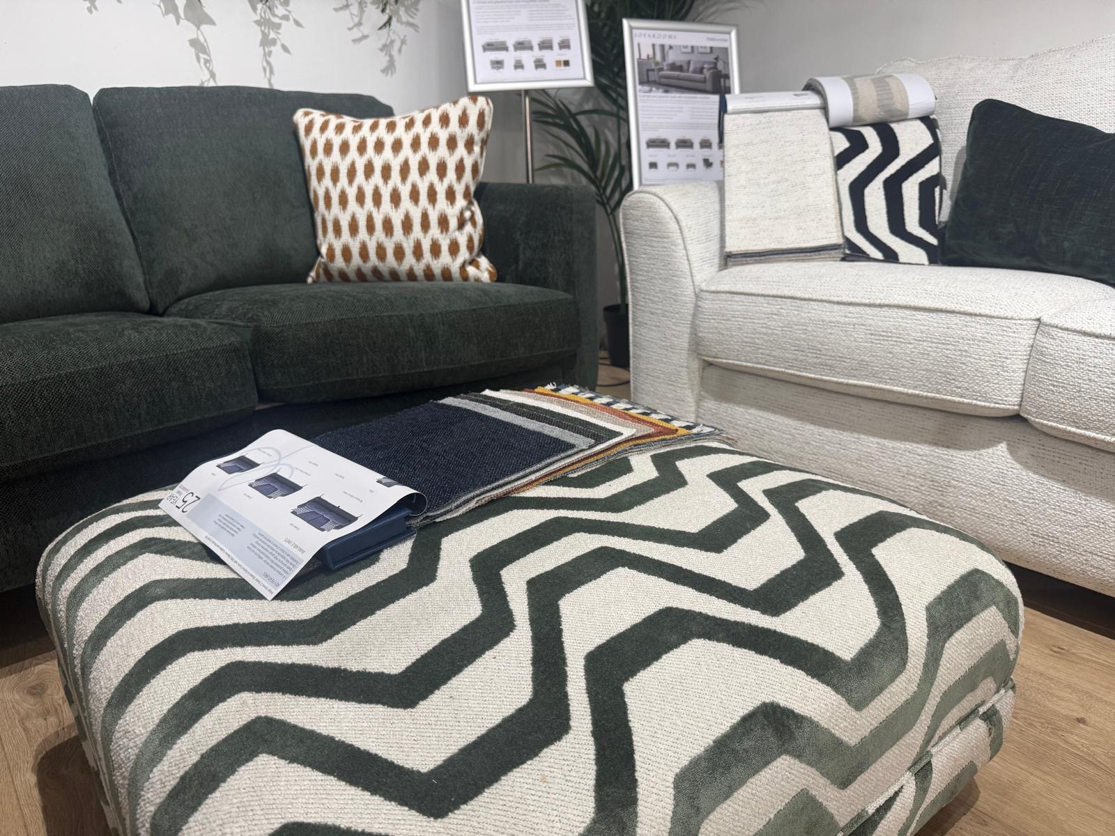Sofas and fabric samples in the Exeter showroom